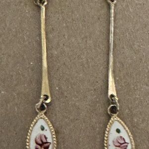Gold-Tone Drop Earrings with Pink Rose Enamel